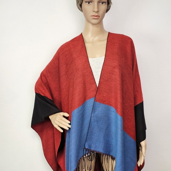 Janice Apparel Wrap Poncho Colorblock Fringed One size Country Cabincore - Picture 5 of 12